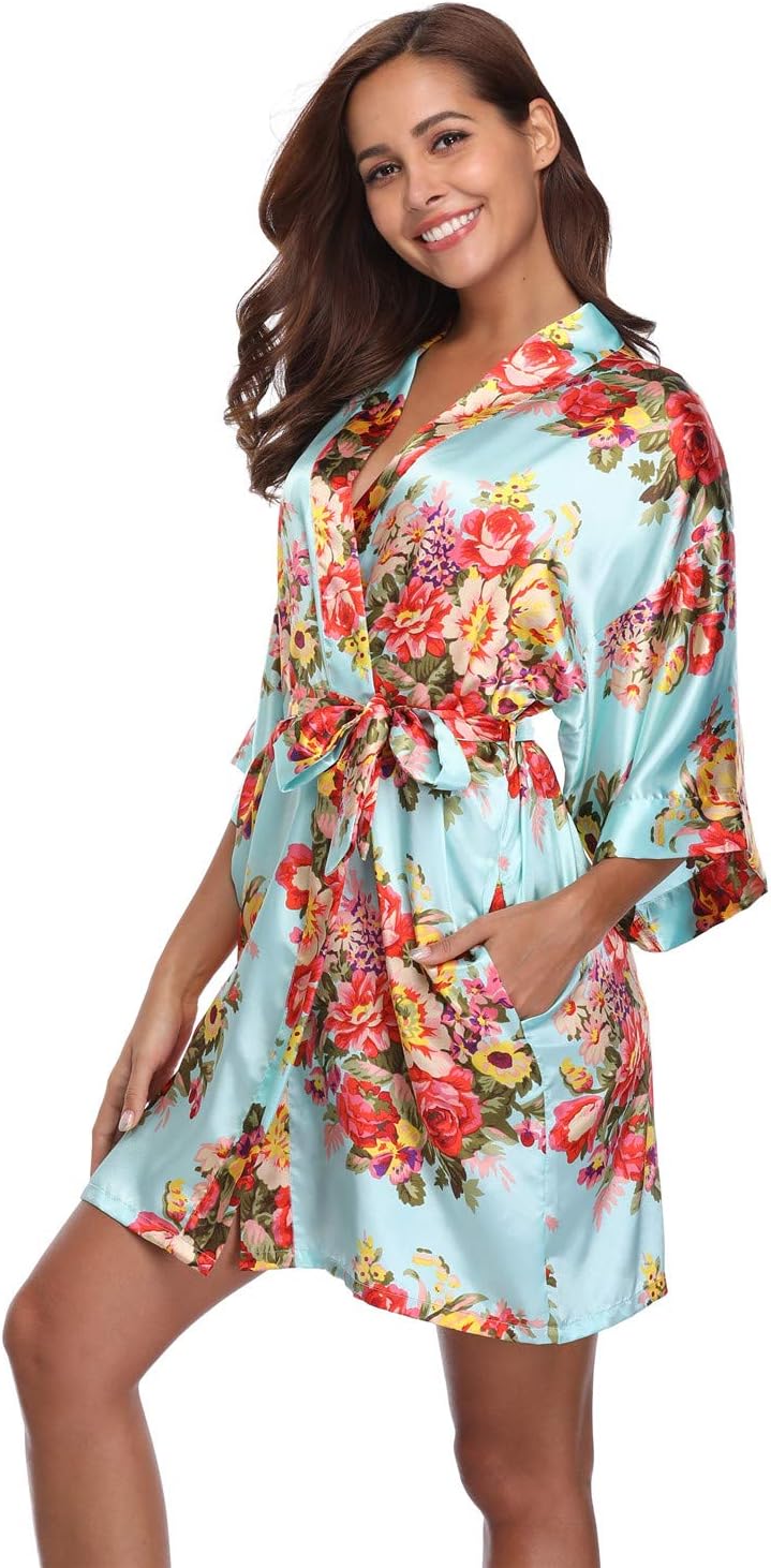 Women's Floral Satin Kimono Robes Short Bridesmaids Robes