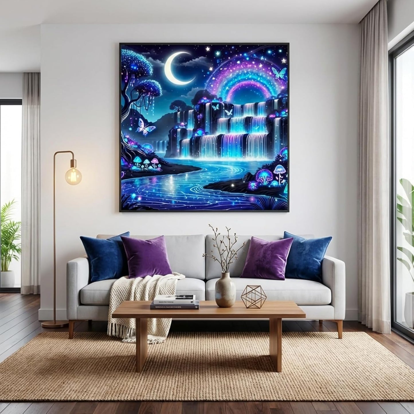 Waterfall Moon Diamond Painting Kit for Adults Beginners. Fantasy Rainbow Landscape Round Full Drill Diamond Dots