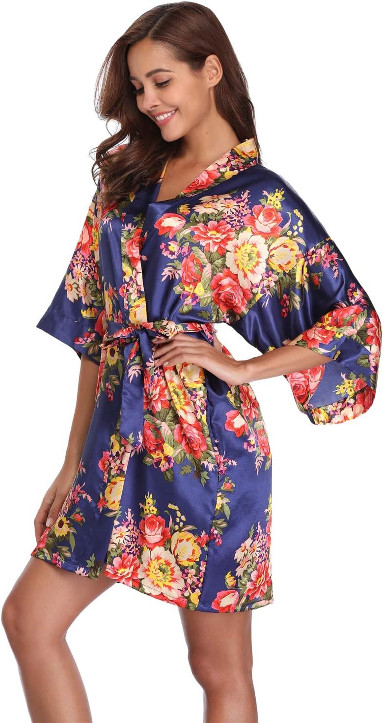 Women's Floral Satin Kimono Robes Short Bridesmaids Robes
