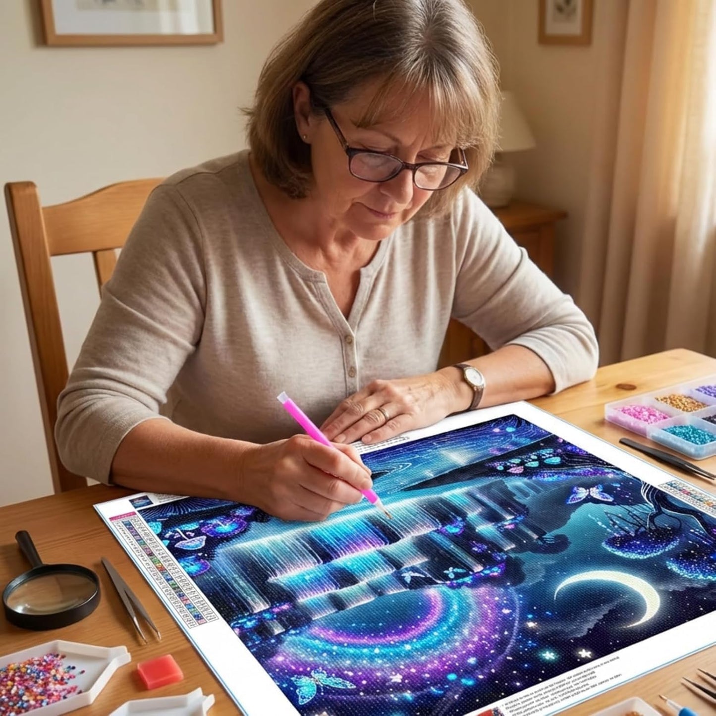 Waterfall Moon Diamond Painting Kit for Adults Beginners. Fantasy Rainbow Landscape Round Full Drill Diamond Dots