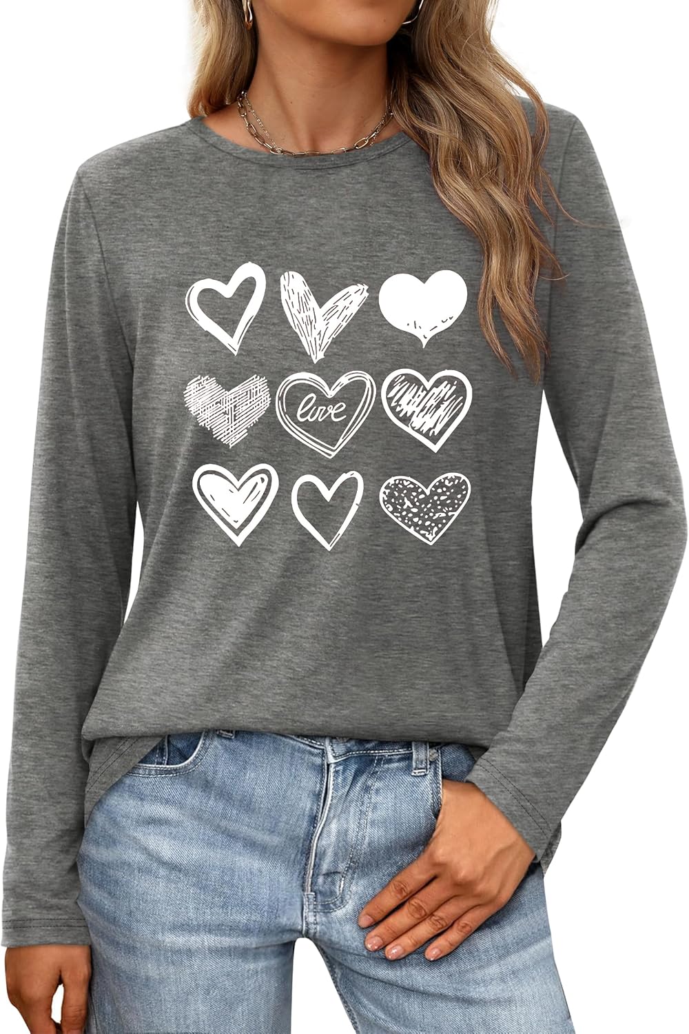 Women Love Heart Casual Funny Long Sleeve Tee Tops