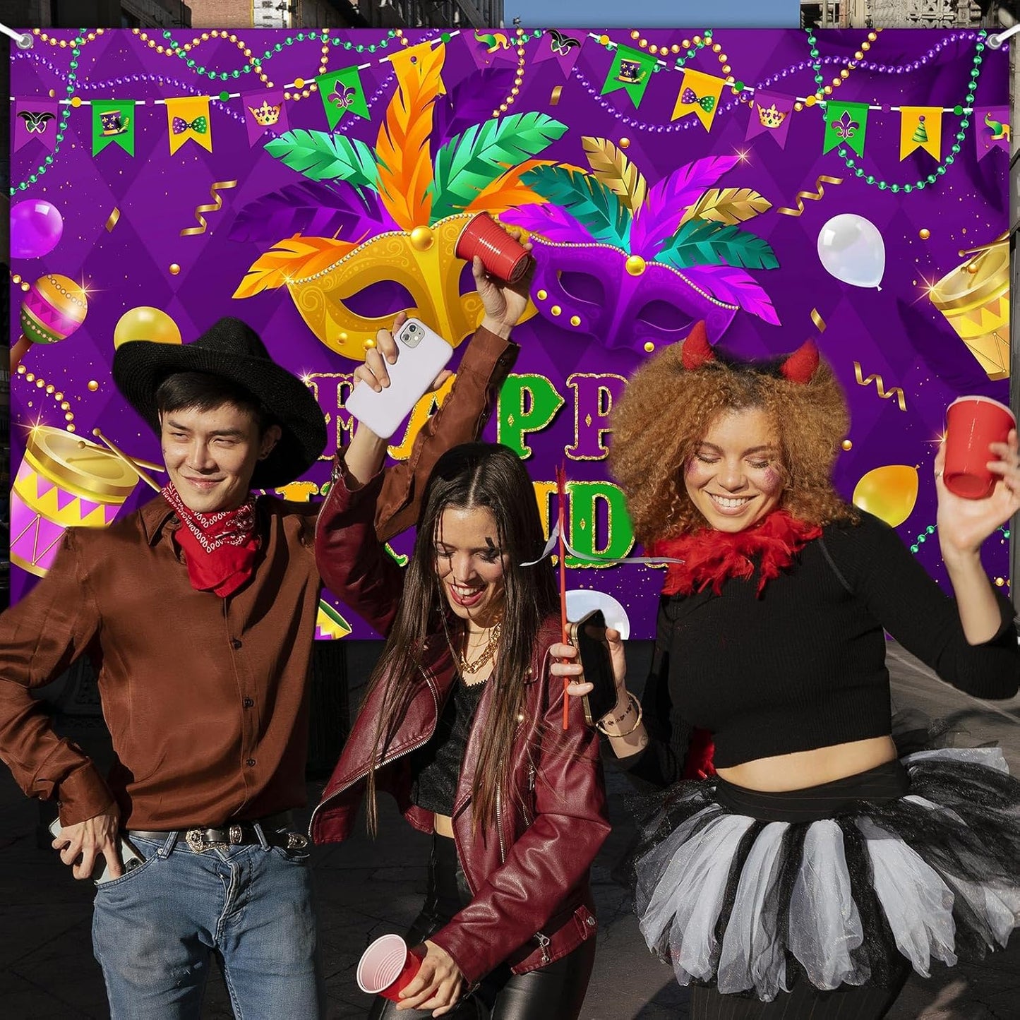 Purple Green Mask Feather Balloon Carnival Masquerade Background Mardi Gras Birthday Dancing Party Supplies (6x3.6ft)