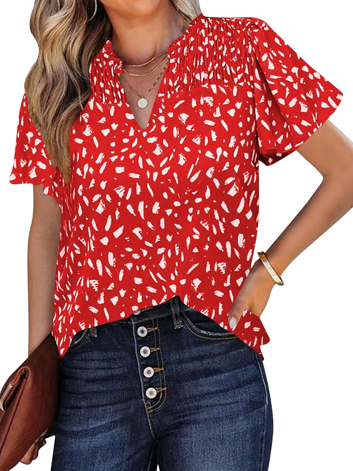 Ladies Short Sleeve Tops V Neck Bohemian Blouses Summer Floral Print Shirts