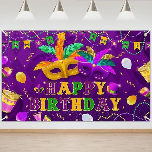 Purple Green Mask Feather Balloon Carnival Masquerade Background Mardi Gras Birthday Dancing Party Supplies (6x3.6ft)