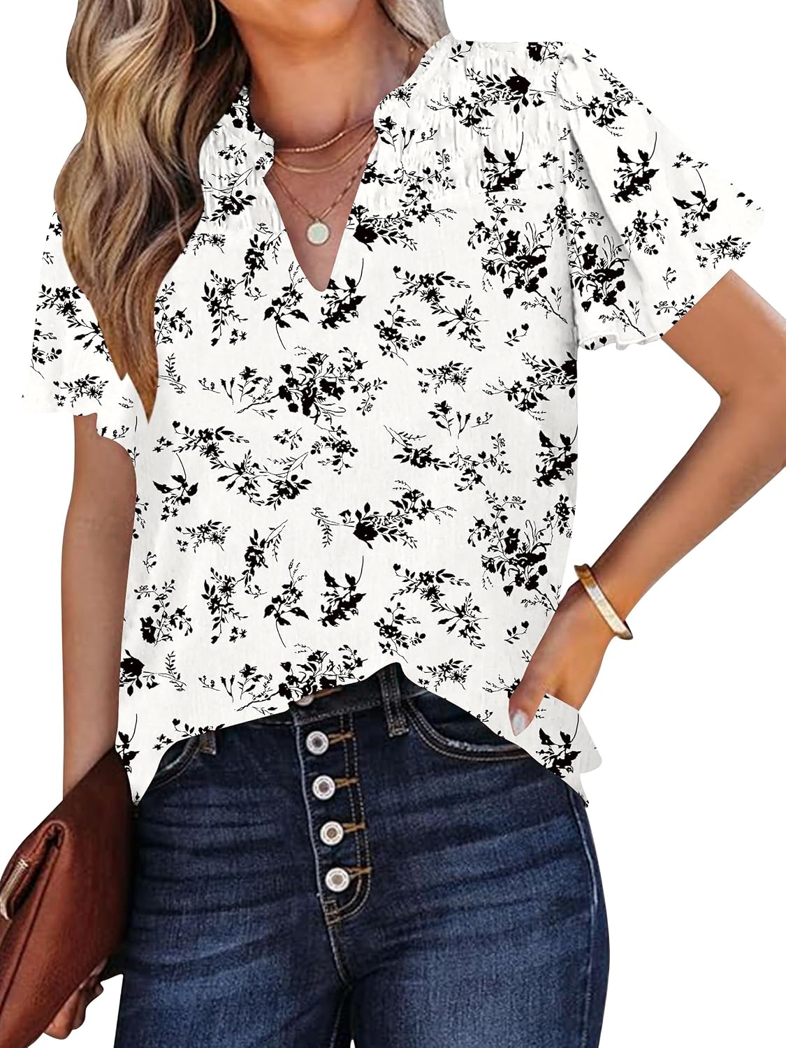 Ladies Short Sleeve Tops V Neck Bohemian Blouses Summer Floral Print Shirts
