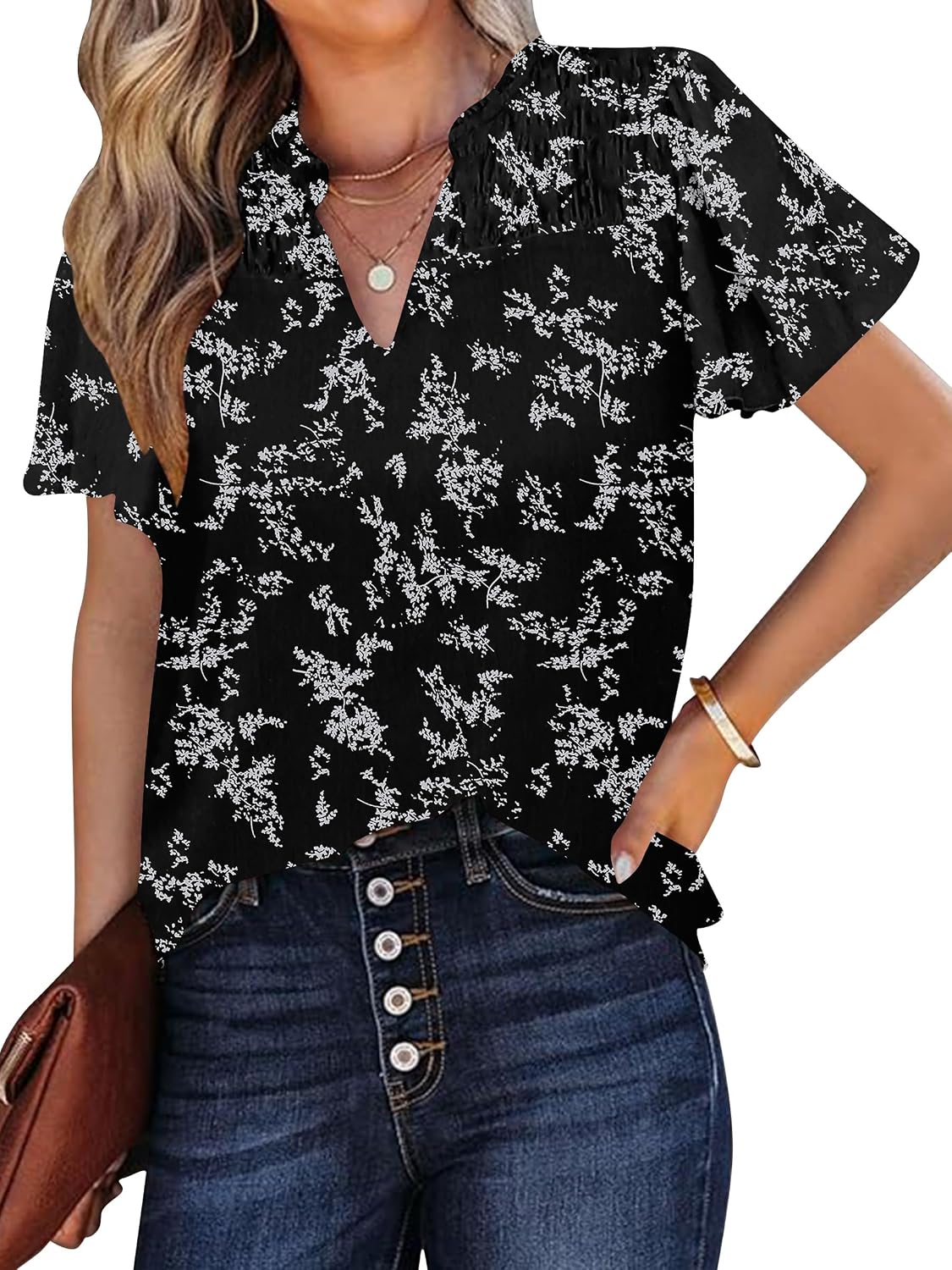 Ladies Short Sleeve Tops V Neck Bohemian Blouses Summer Floral Print Shirts