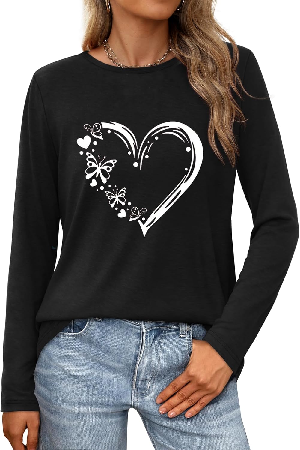 Women Love Heart Casual Funny Long Sleeve Tee Tops