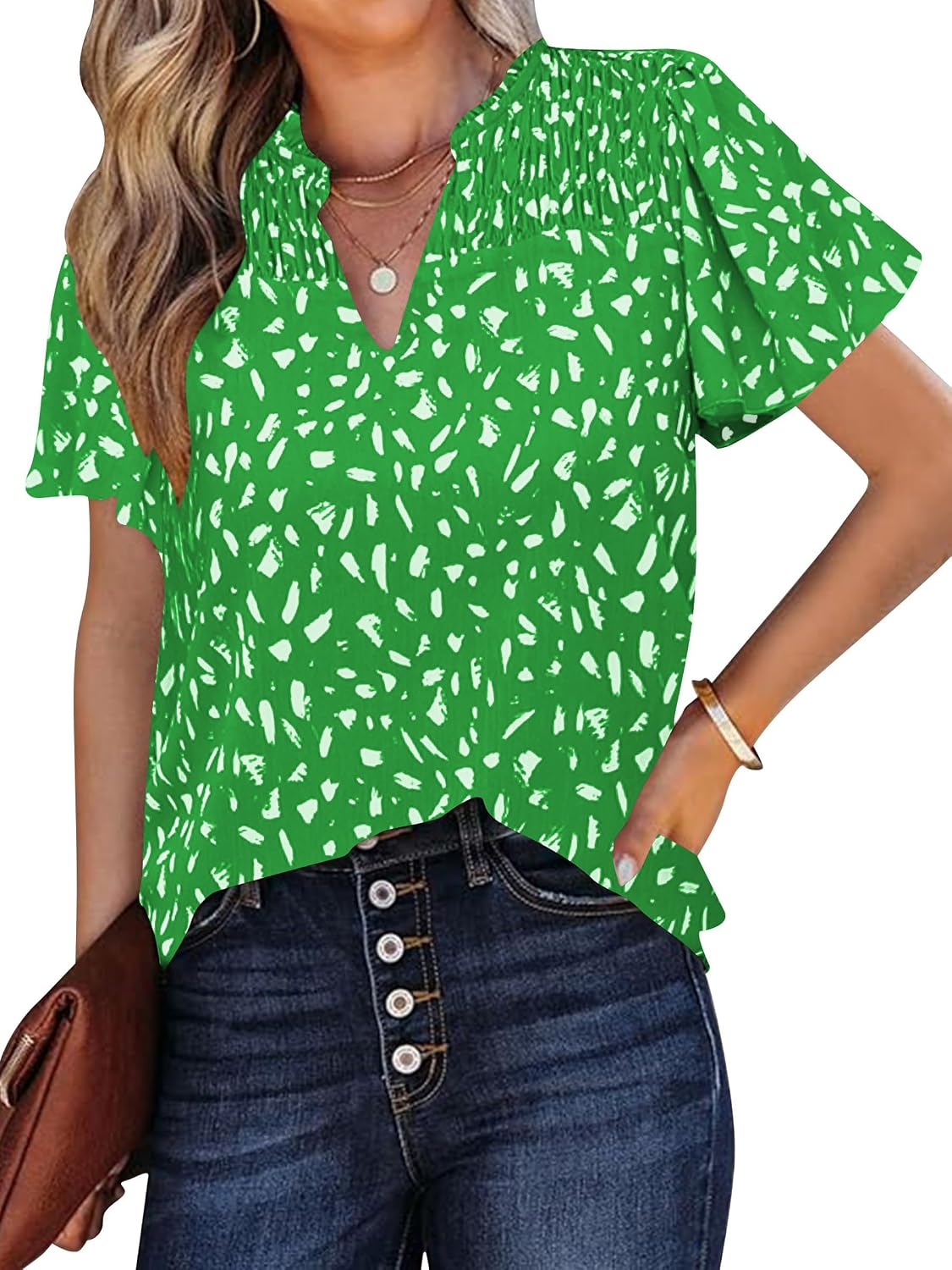 Ladies Short Sleeve Tops V Neck Bohemian Blouses Summer Floral Print Shirts