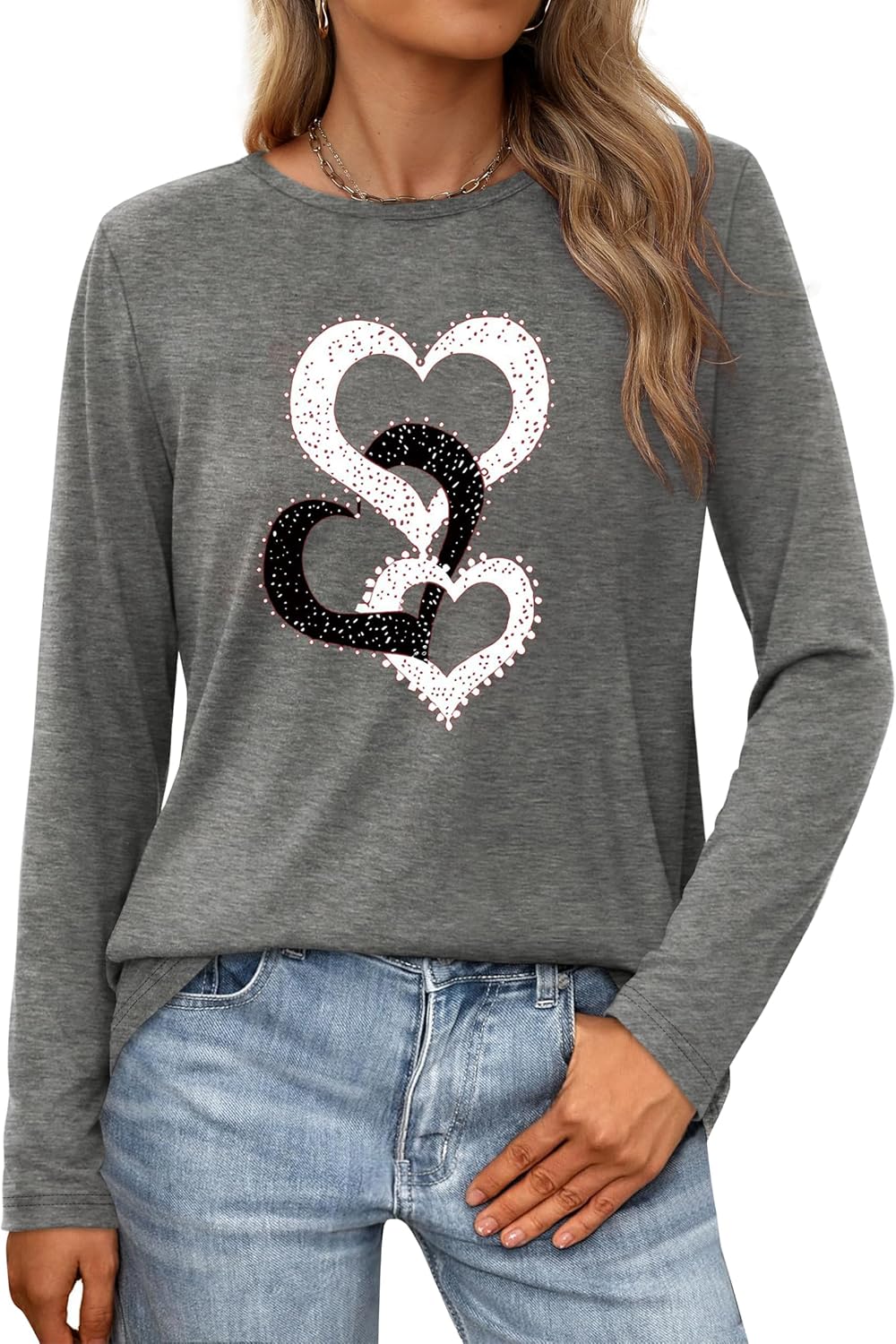 Women Love Heart Casual Funny Long Sleeve Tee Tops