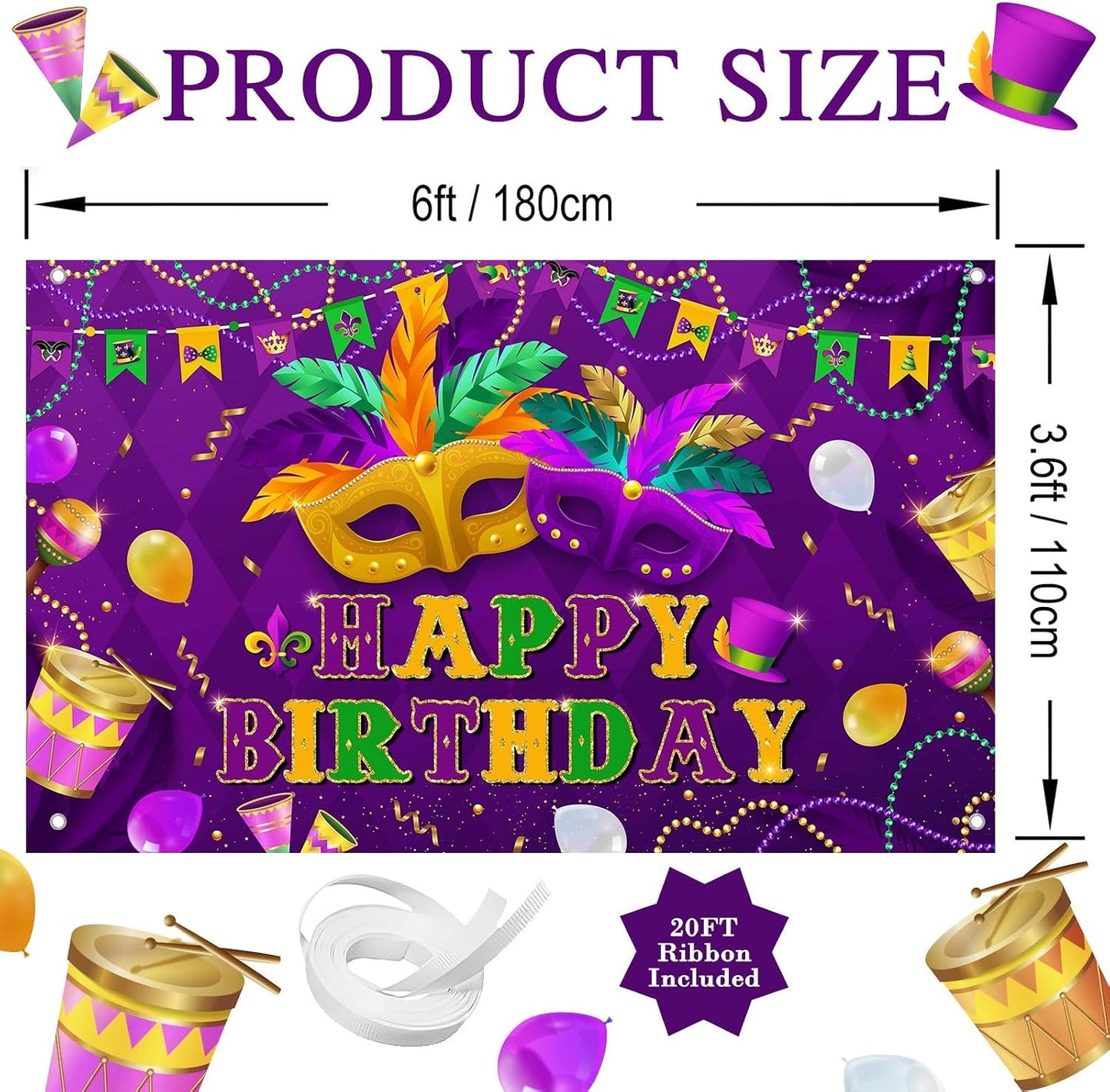Purple Green Mask Feather Balloon Carnival Masquerade Background Mardi Gras Birthday Dancing Party Supplies (6x3.6ft)
