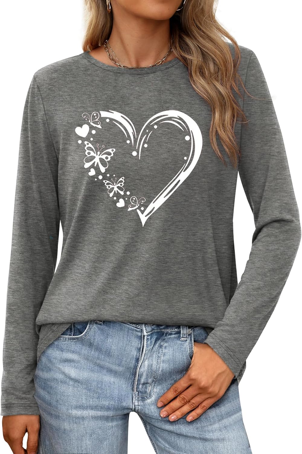 Women Love Heart Casual Funny Long Sleeve Tee Tops