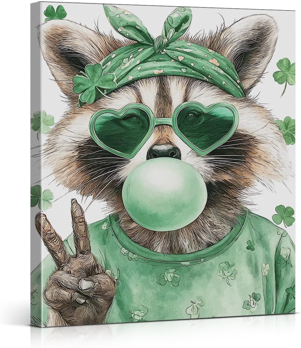 Raccoon St. Patrick's Day Wall Art Print Clover Raccoon Poster Picture Irish Green Wall Decor