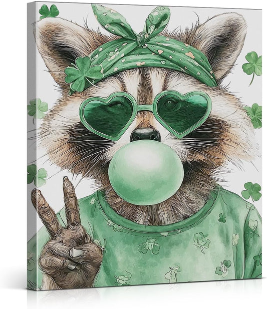 Raccoon St. Patrick's Day Wall Art Print Clover Raccoon Poster Picture Irish Green Wall Decor