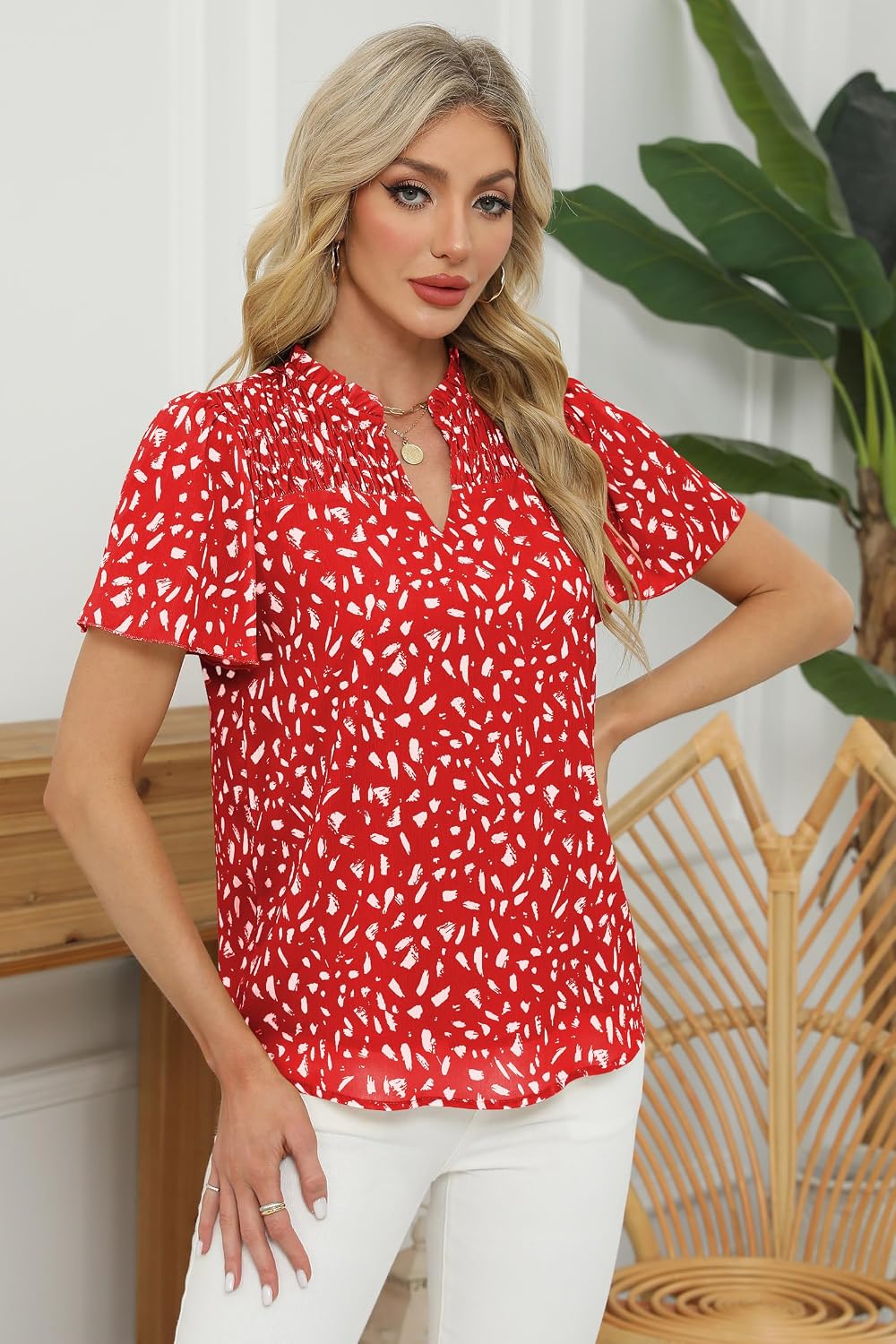 Ladies Short Sleeve Tops V Neck Bohemian Blouses Summer Floral Print Shirts