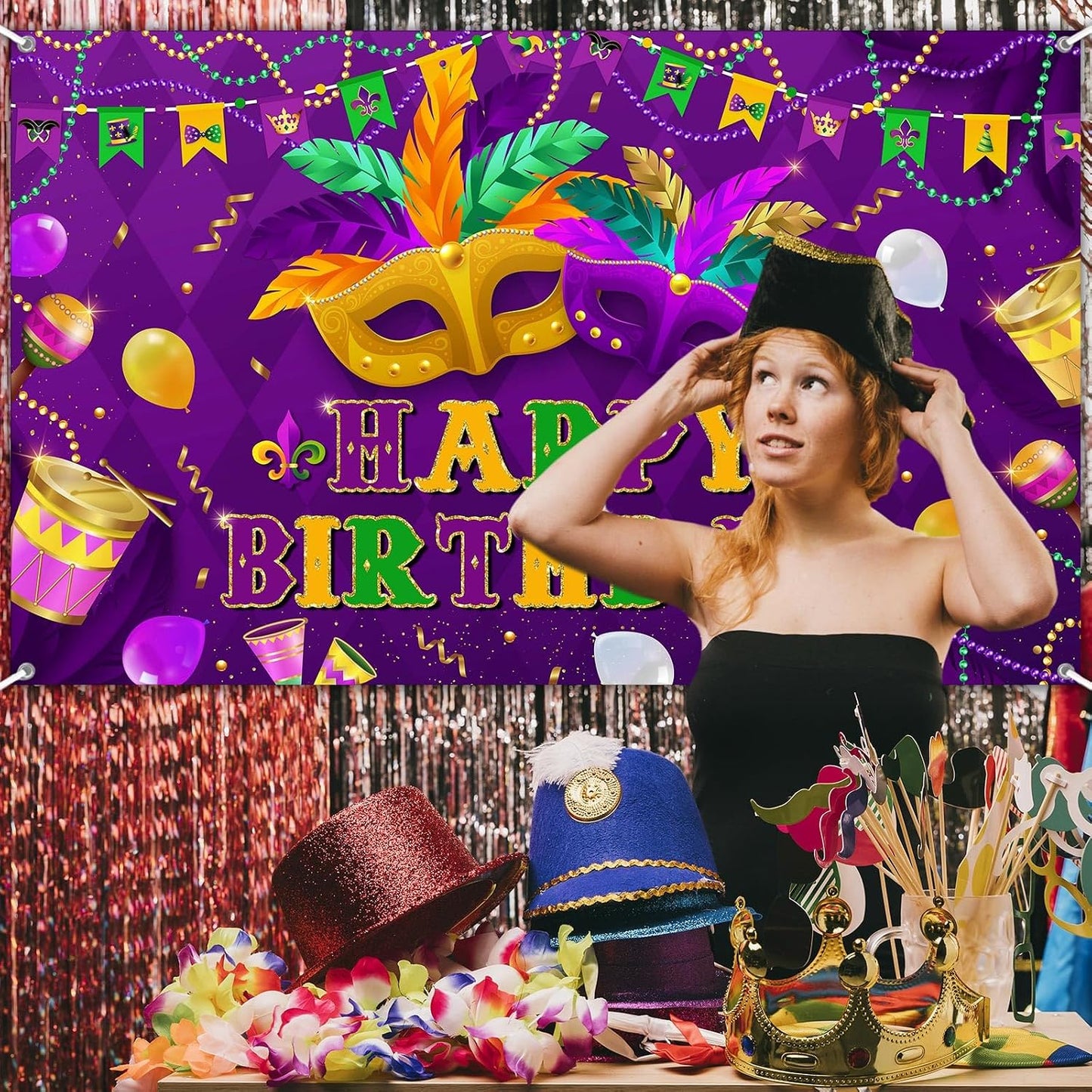 Purple Green Mask Feather Balloon Carnival Masquerade Background Mardi Gras Birthday Dancing Party Supplies (6x3.6ft)