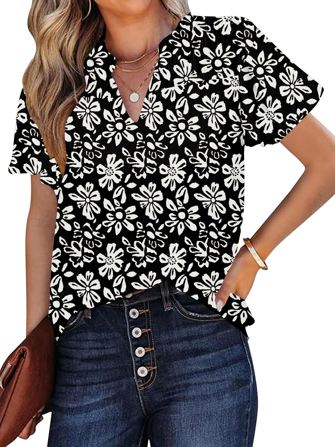 Ladies Short Sleeve Tops V Neck Bohemian Blouses Summer Floral Print Shirts