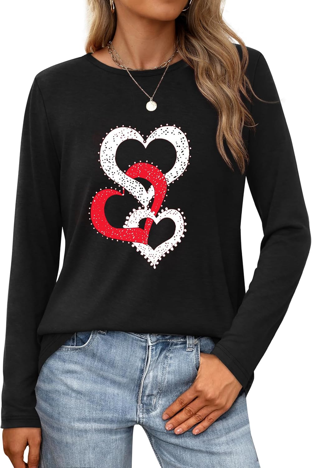 Women Love Heart Casual Funny Long Sleeve Tee Tops