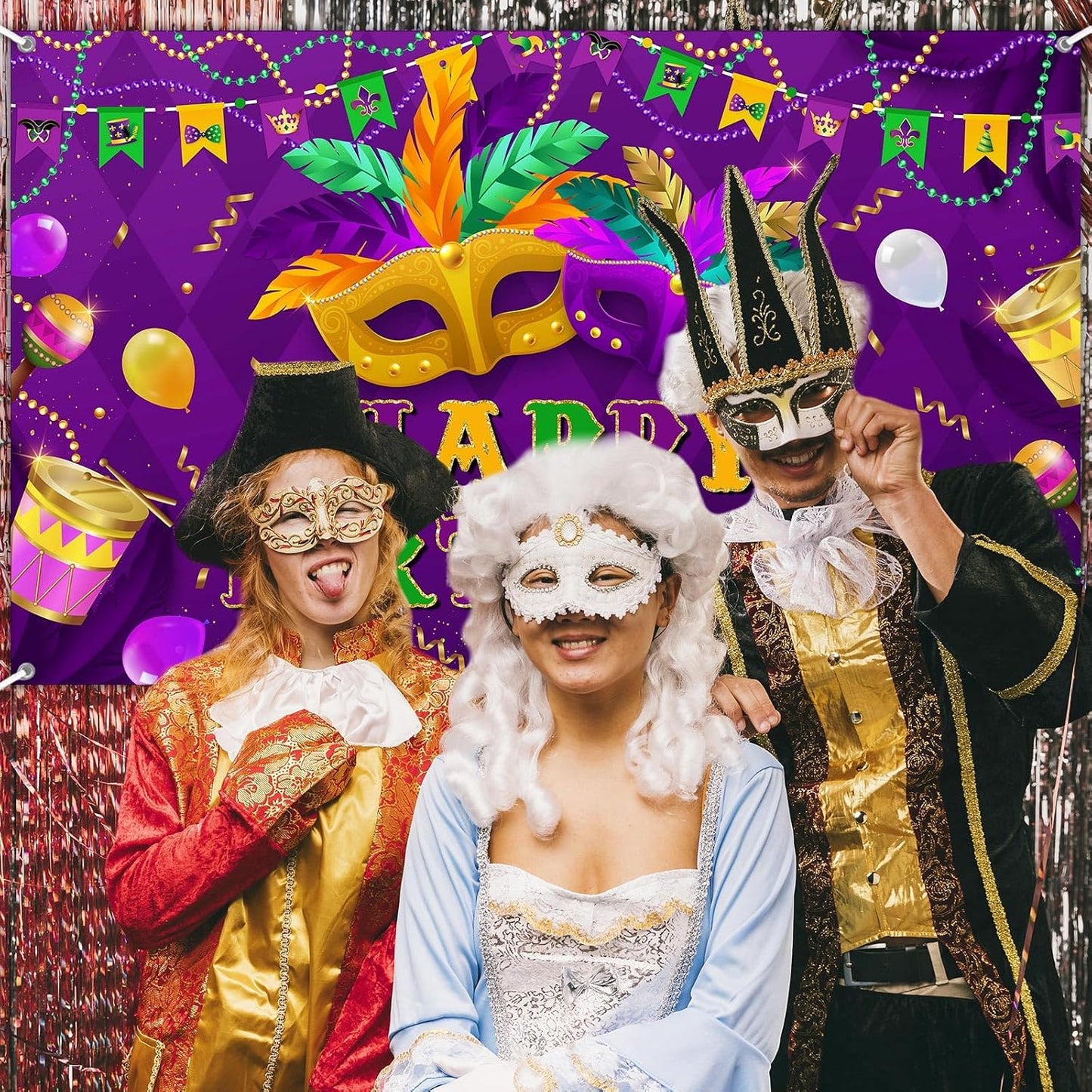Purple Green Mask Feather Balloon Carnival Masquerade Background Mardi Gras Birthday Dancing Party Supplies (6x3.6ft)