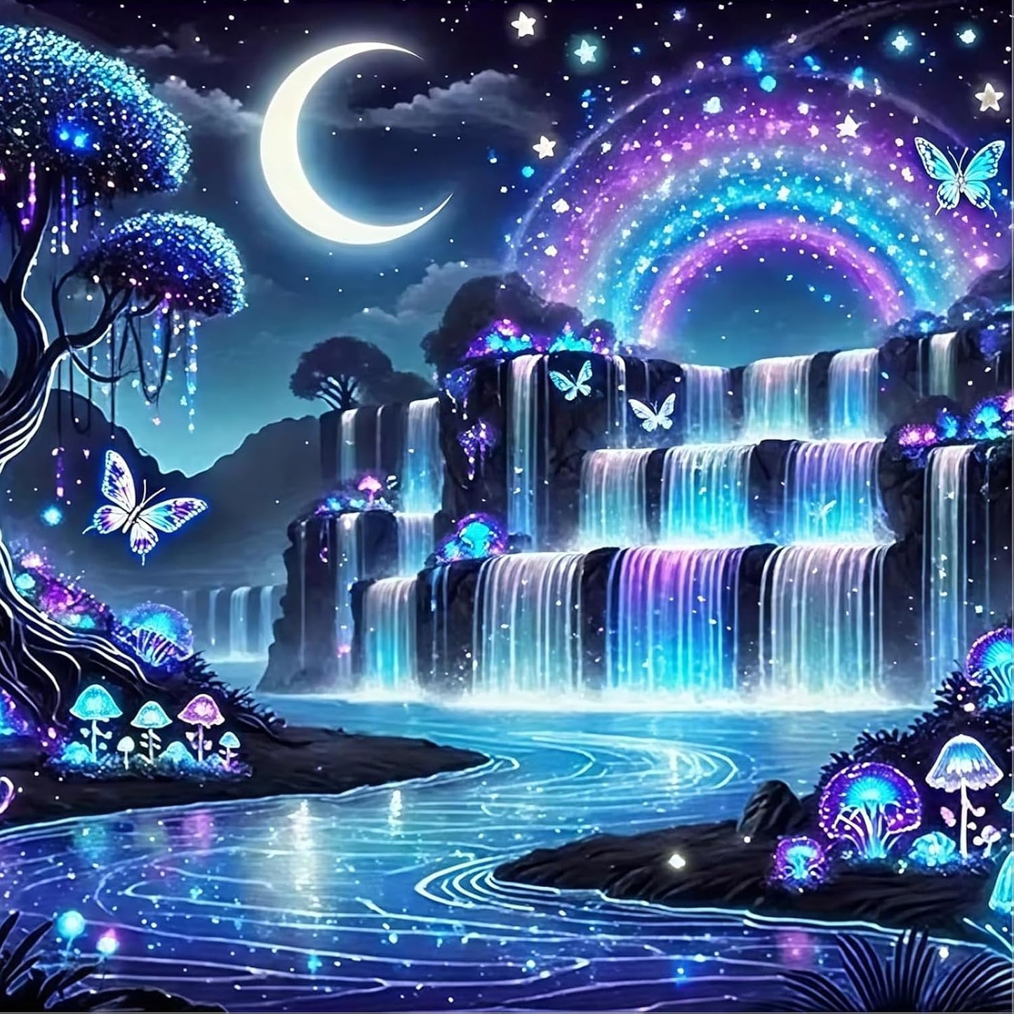 Waterfall Moon Diamond Painting Kit for Adults Beginners. Fantasy Rainbow Landscape Round Full Drill Diamond Dots