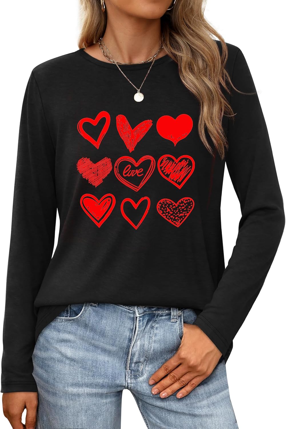 Women Love Heart Casual Funny Long Sleeve Tee Tops