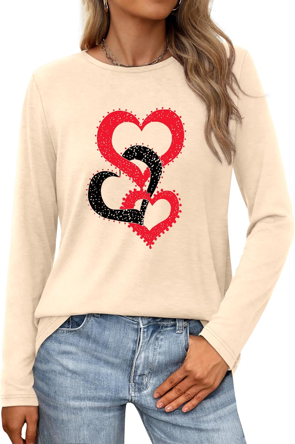 Women Love Heart Casual Funny Long Sleeve Tee Tops