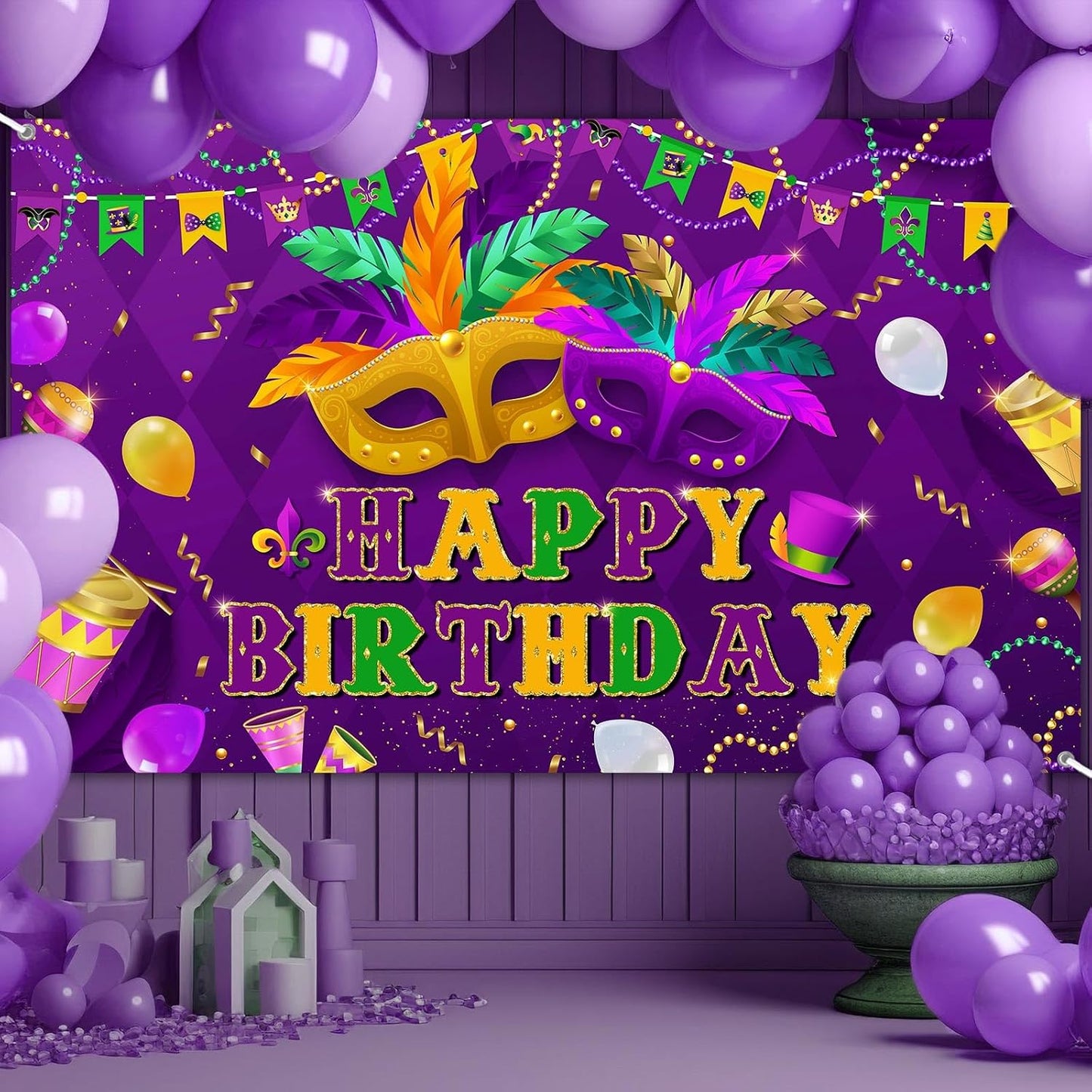 Purple Green Mask Feather Balloon Carnival Masquerade Background Mardi Gras Birthday Dancing Party Supplies (6x3.6ft)