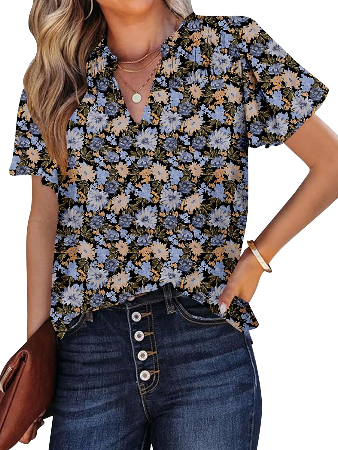 Ladies Short Sleeve Tops V Neck Bohemian Blouses Summer Floral Print Shirts
